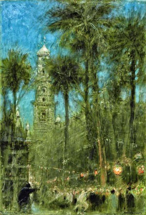A crowded square and a tower